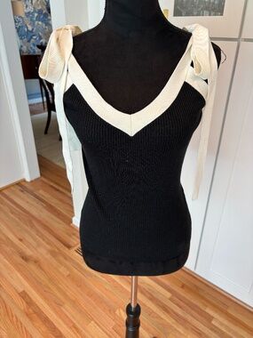 NWT Anthropologie Chic Black Ribbed Knit Top with Cream Tie Straps, Size Small